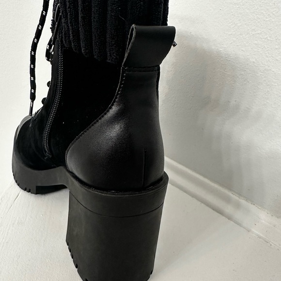 Chelsea &Violet Zaria Leather and Suede Lug Sole Platform Boots black 8 - Picture 3 of 5
